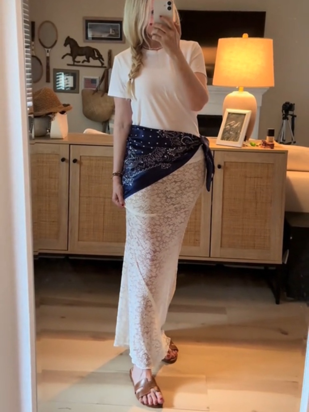 White Sheer Lace Maxi Skirt with Satin Scarf
